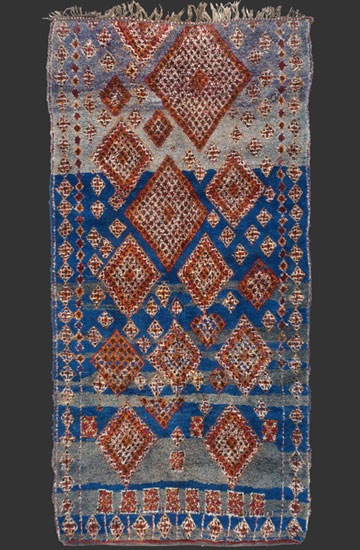 TM 2255, heavy pile rug from the central Middle Atlas, probably Beni Mguild / Guigou valley, with highly unusual drawing + rare blue-grey ground colour, Morocco, 1970s, 395 x 200 cm / 13' x 6' 8'', high resolution image + price on request